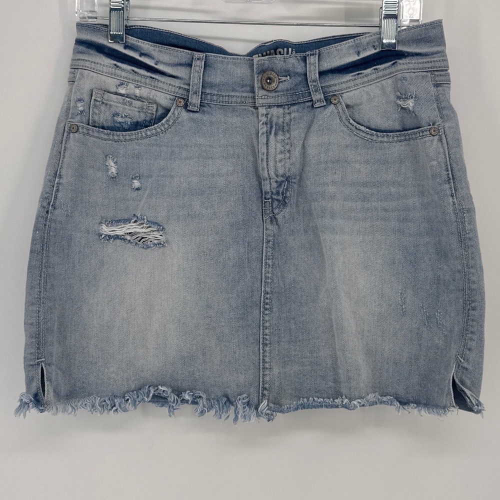 Rewash Distressed Women Mini Denim Skirt 7/28 Light Blue Frayed Hem Slits